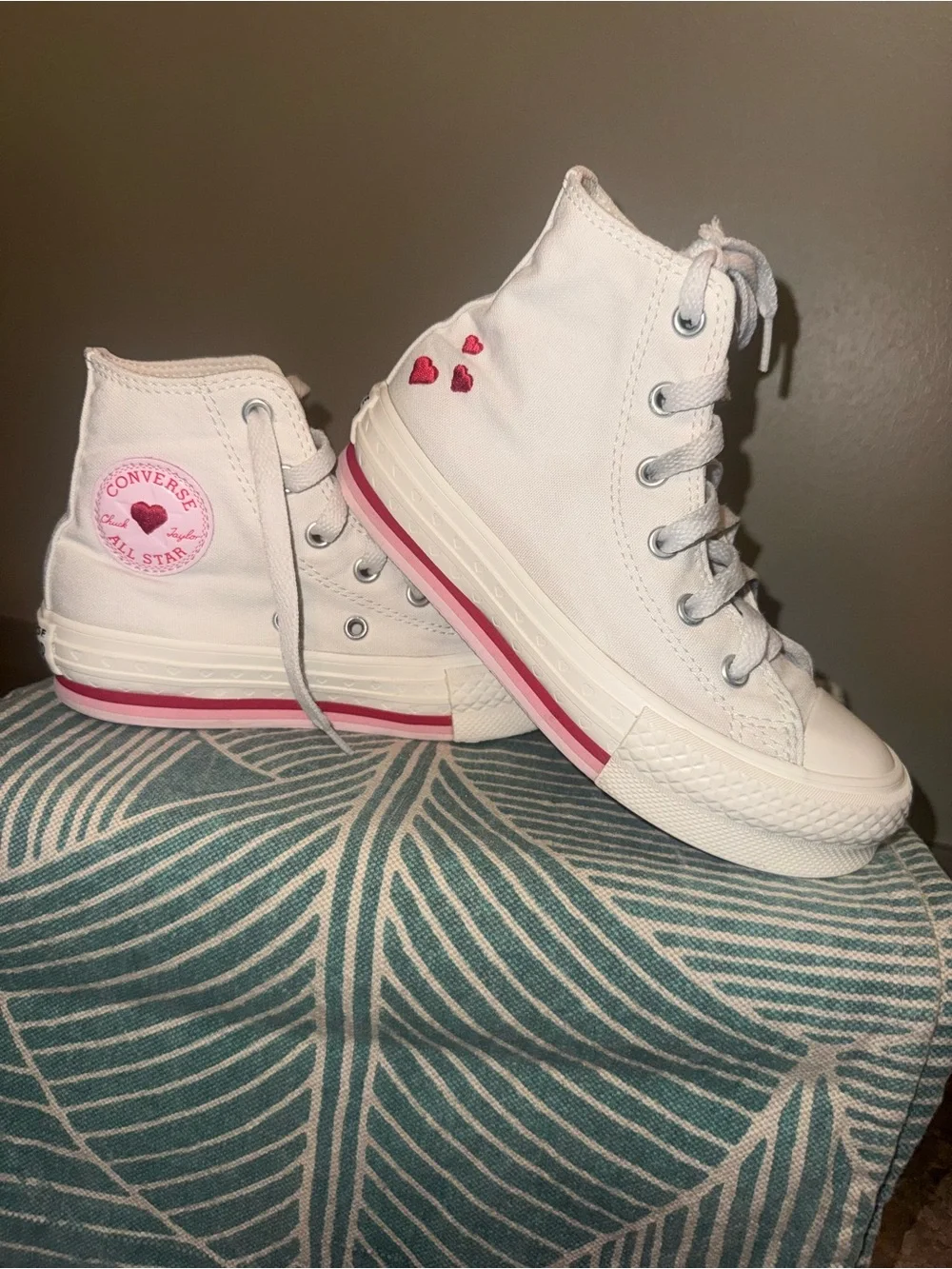 Converse Kids White High Top Sneakers with Red Heart and Pink & Red Stripes